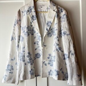 100% Linen Blue and White Floral Blazer